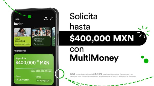Teléfono móvil mostrando pantalla de la app MultiMoney con saldo disponible de $400,000 MXN, junto al texto: “Solicita hasta $400,000 MXN con MultiMoney” sobre fondo blanco con detalles verdes.