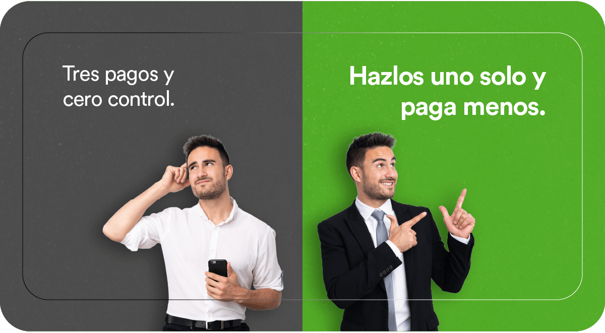 Comparativa visual de un hombre con tres pagos desordenados versus un solo pago consolidado; mensaje sobre pagar menos al unificar deudas con un crédito digital.