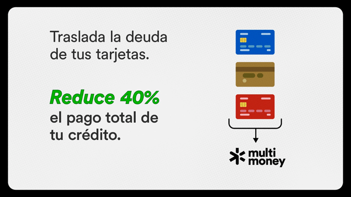 Traslada la deuda de tus tarjetas a MultiMoney y reduce 40% el pago total de tu crédito.
