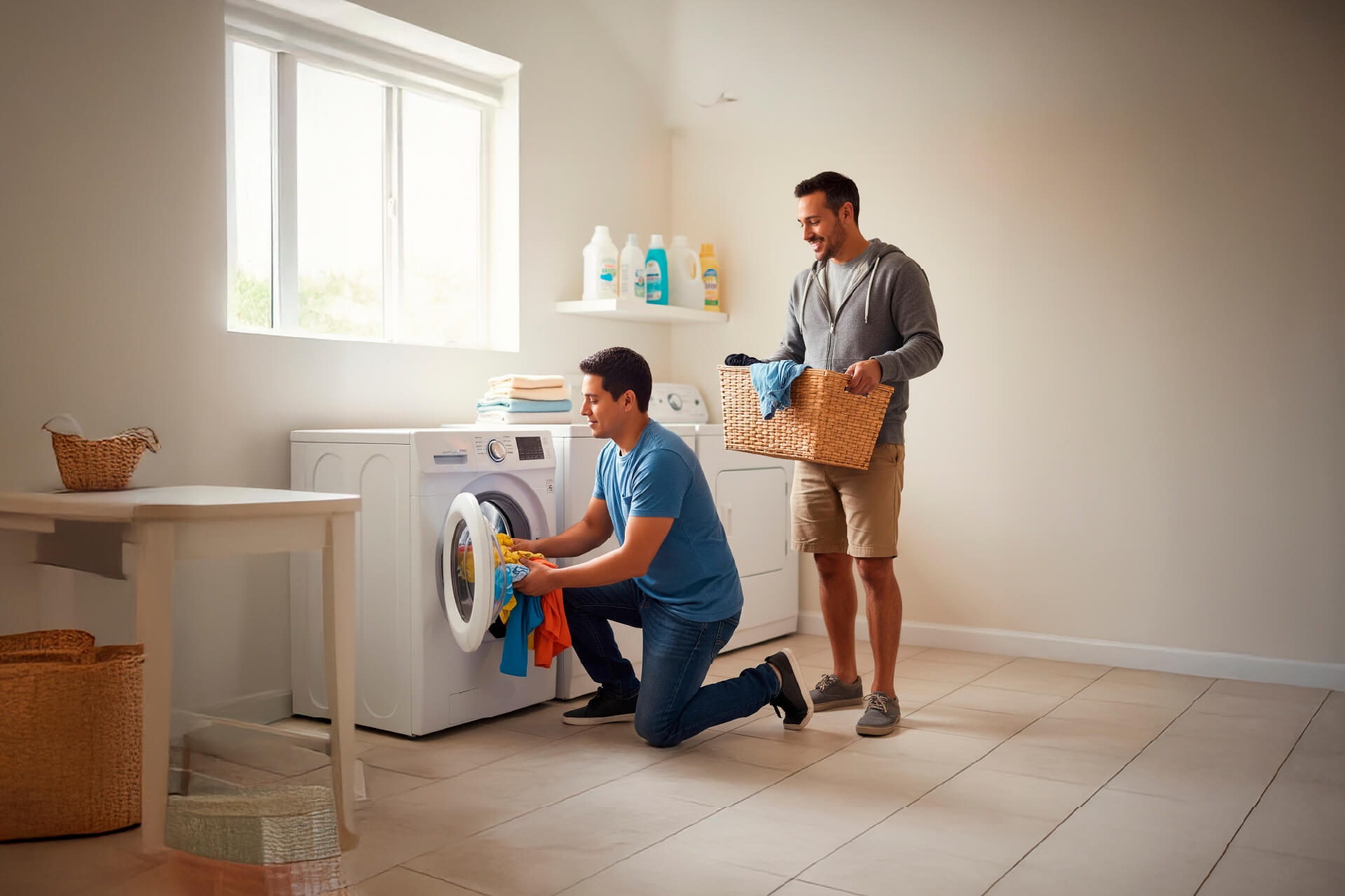 Dos roomies compartiendo tareas del hogar y reduciendo gastos, ejemplo de estrategia financiera con apoyo de crédito en línea