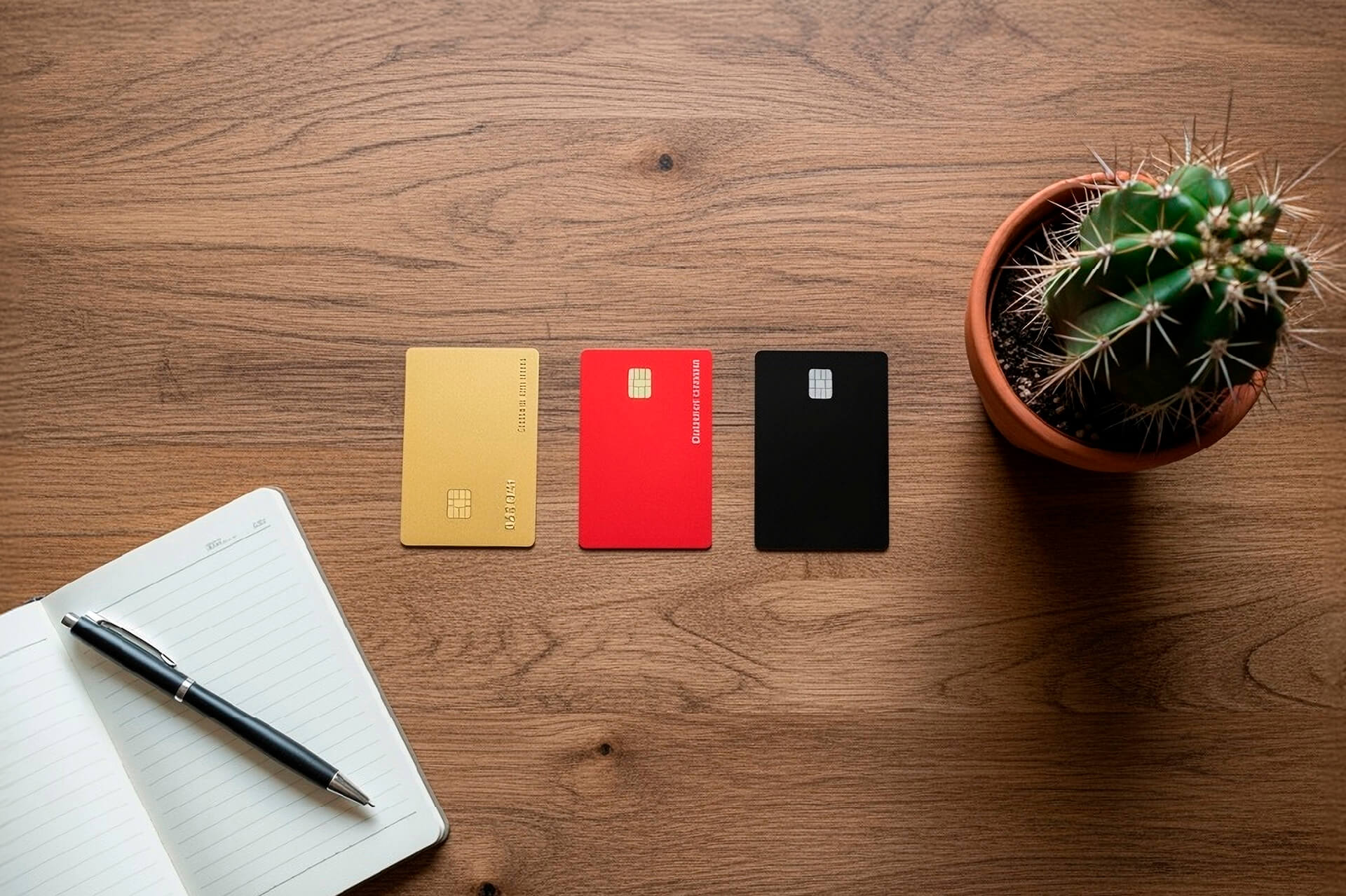 Vista superior de tres tarjetas de crédito clásicas dorada, roja y negra ordenadas sobre escritorio de madera, acompañadas de libreta, pluma y cactus en maceta. Concepto de comparativa de tarjetas y educación financiera.