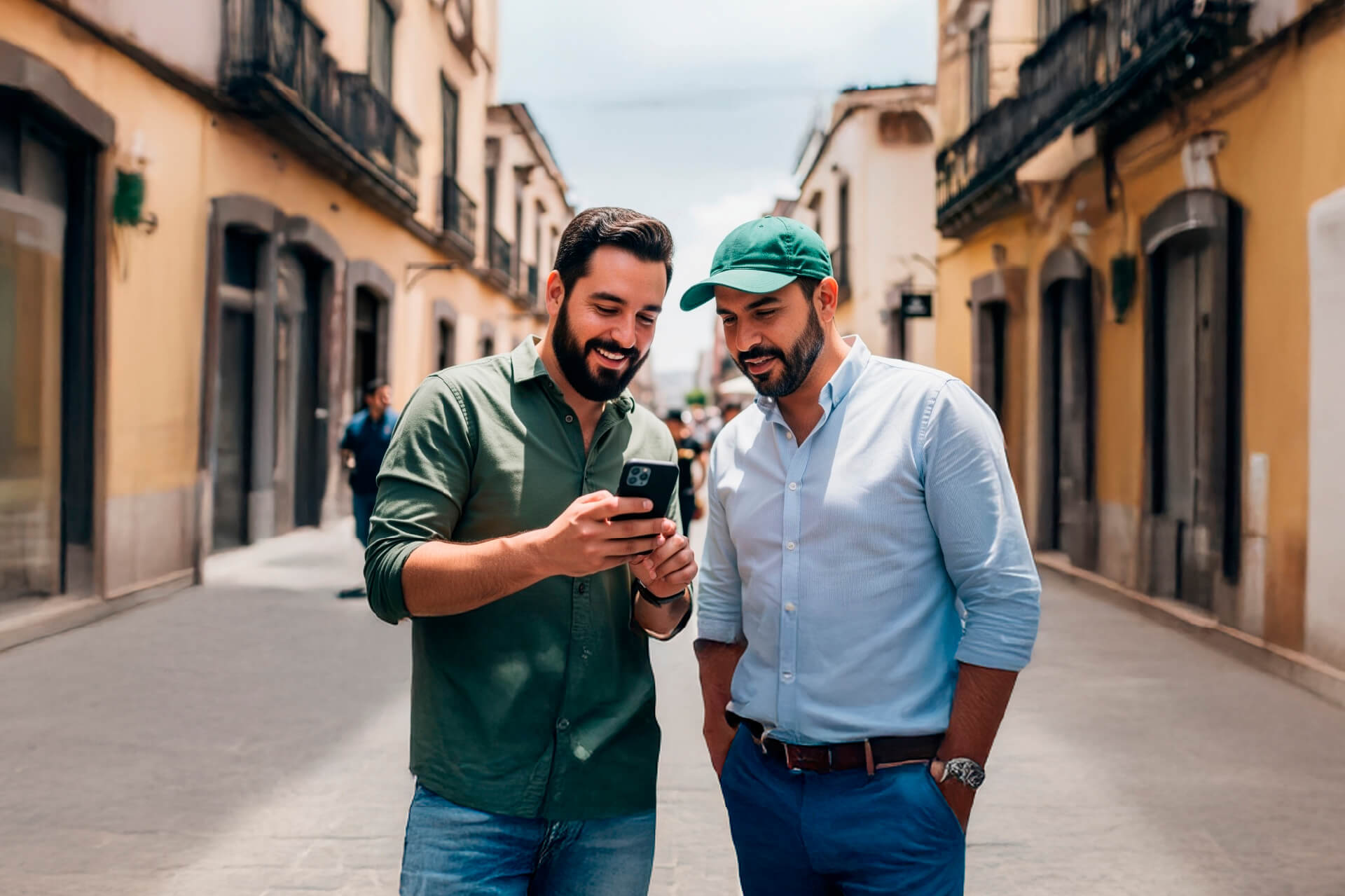 Dos hombres jóvenes conversan y sonríen mientras revisan un teléfono móvil en una calle peatonal, en un ambiente urbano y relajado.