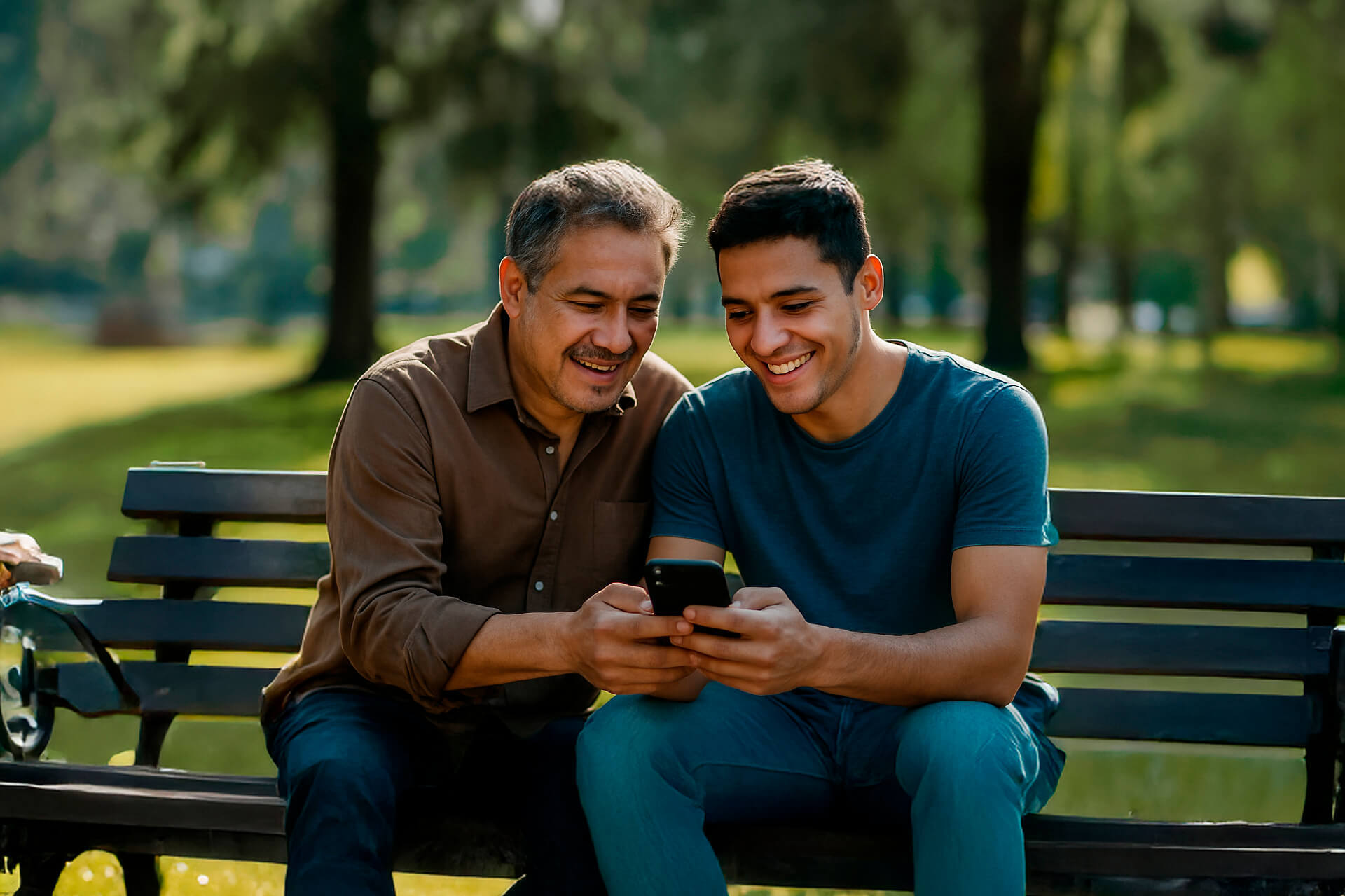 Dos hombres sonríen mientras ven juntos un teléfono móvil sentados en una banca de parque, en un ambiente natural y soleado.