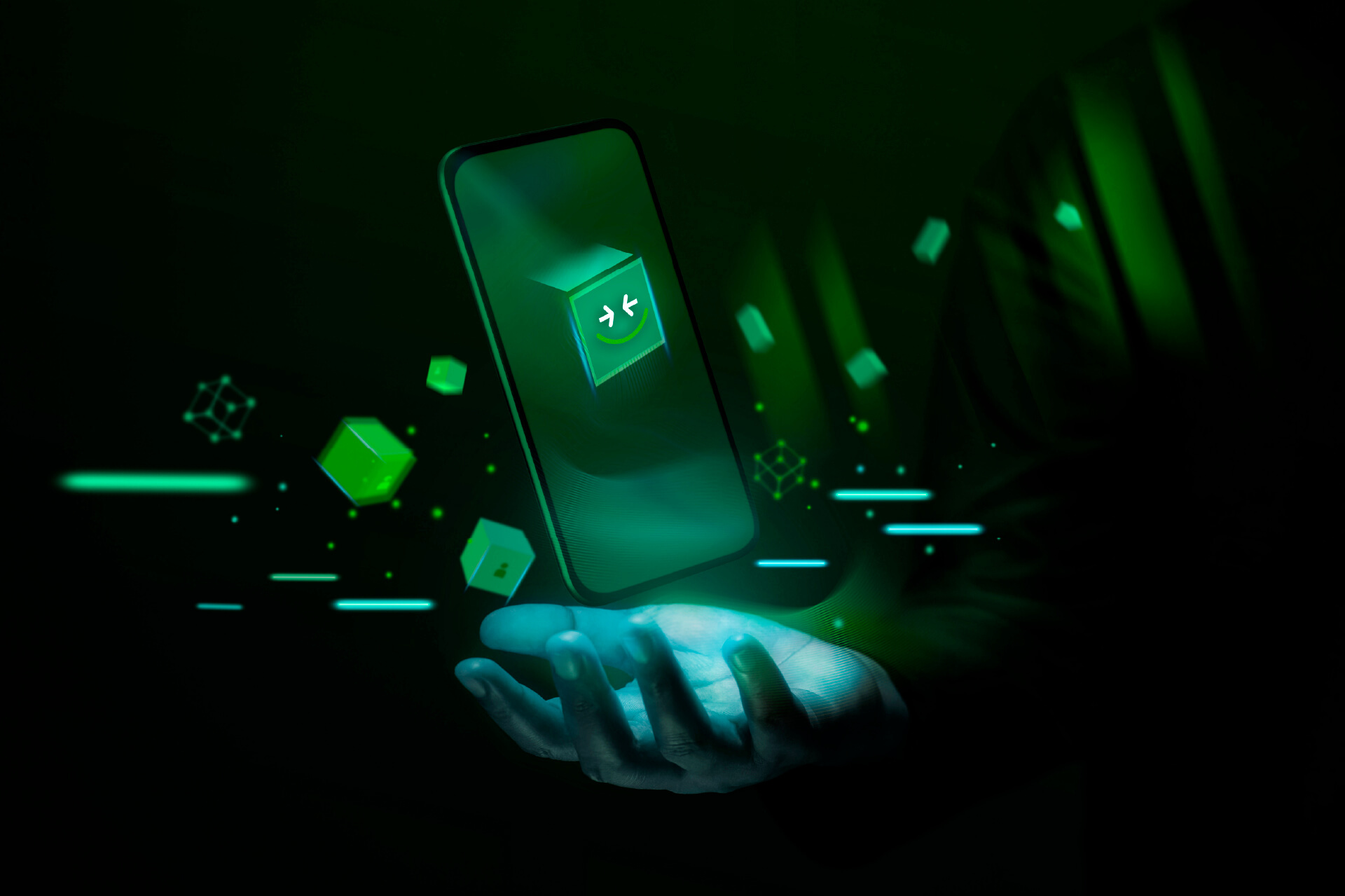 Teléfono flotando con íconos verdes digitales alrededor, sobre una mano iluminada, representando innovación tecnológica en crédito.